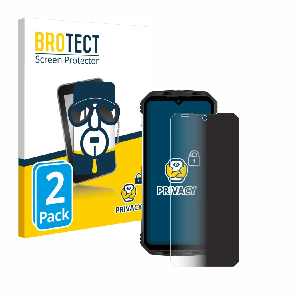 Parte frontal de un envase de producto con el logotipo de la marca BROTECT. Al lado se muestra el dispositivo Doogee S100 con 