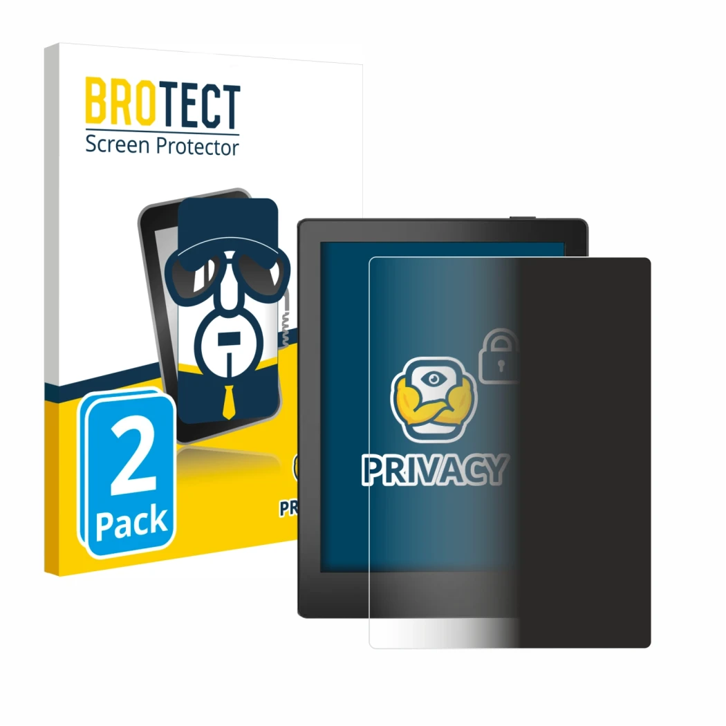 Parte frontal de un envase de producto con el logotipo de la marca BROTECT. Al lado se muestra el dispositivo Boox Poke 5 con 