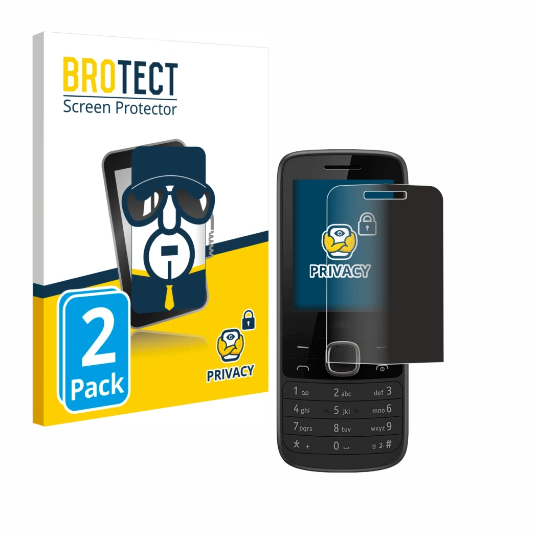 Parte frontal de un envase de producto con el logotipo de la marca BROTECT. Al lado se muestra el dispositivo Nokia 225 4G con