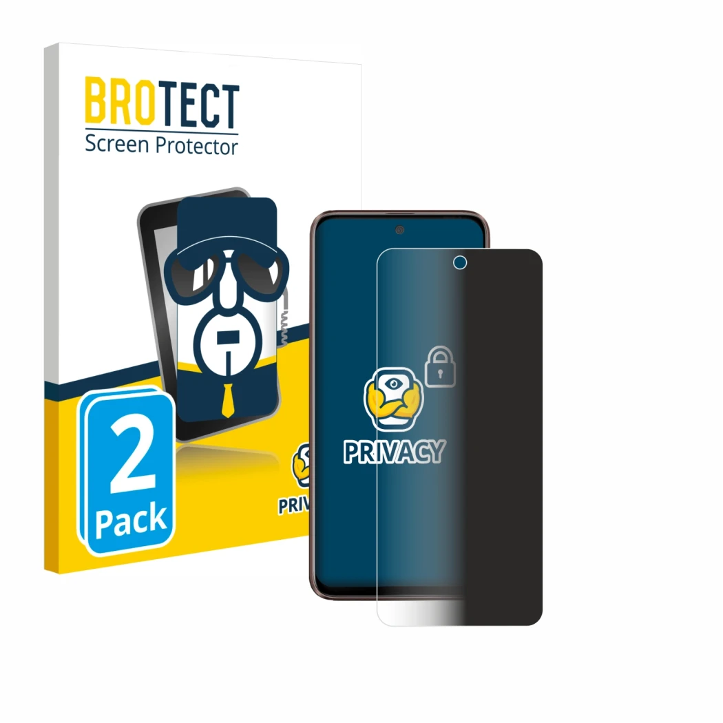 Parte frontal de un envase de producto con el logotipo de la marca BROTECT. Al lado se muestra el dispositivo HTC U23 con su p