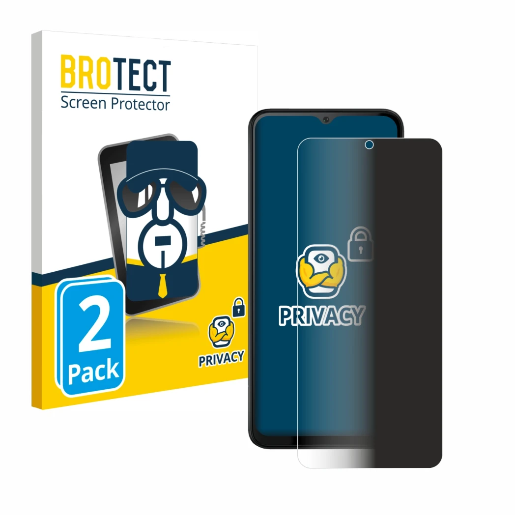 Parte frontal de un envase de producto con el logotipo de la marca BROTECT. Al lado se muestra el dispositivo Cubot Note 50 co