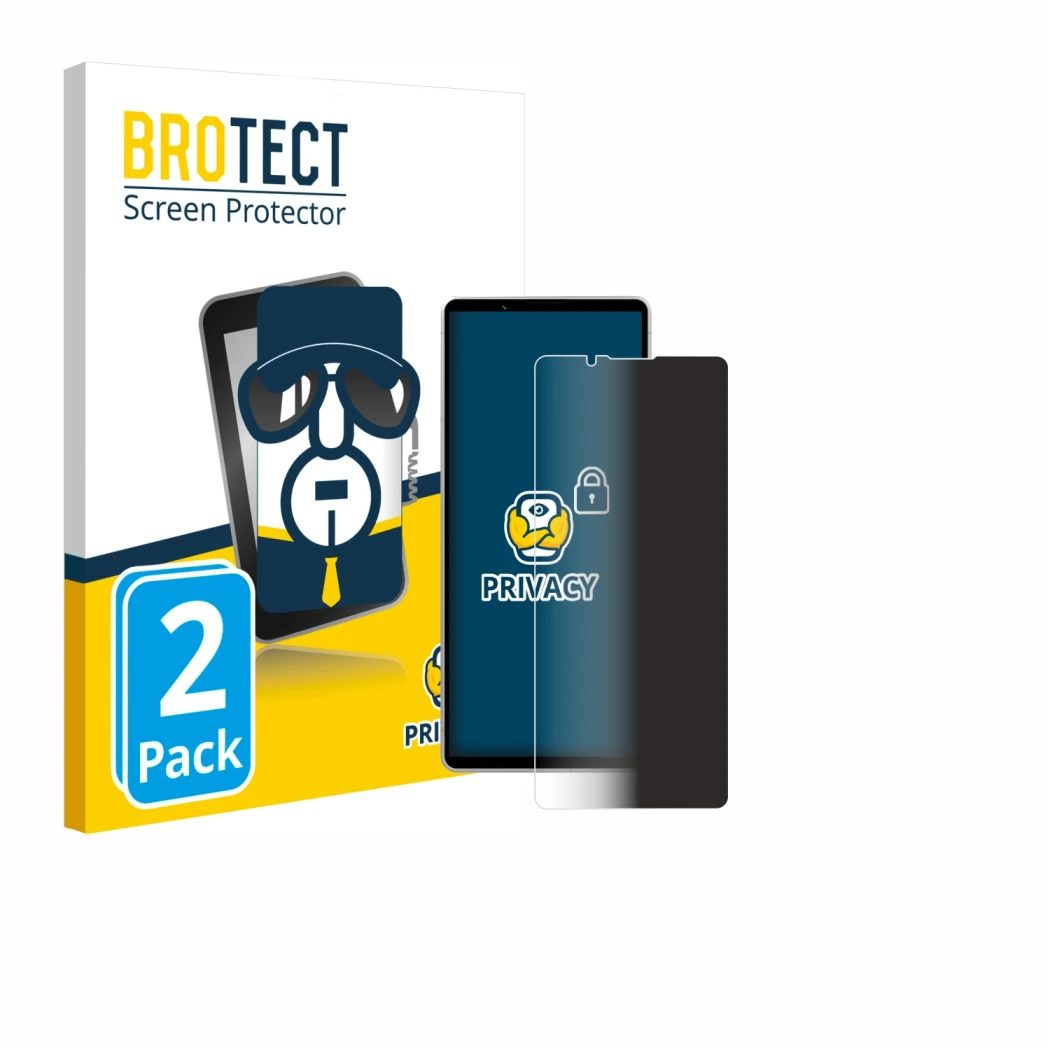 Parte frontal de un envase de producto con el logotipo de la marca BROTECT. Al lado se muestra el dispositivo Sony Xperia 5 V 