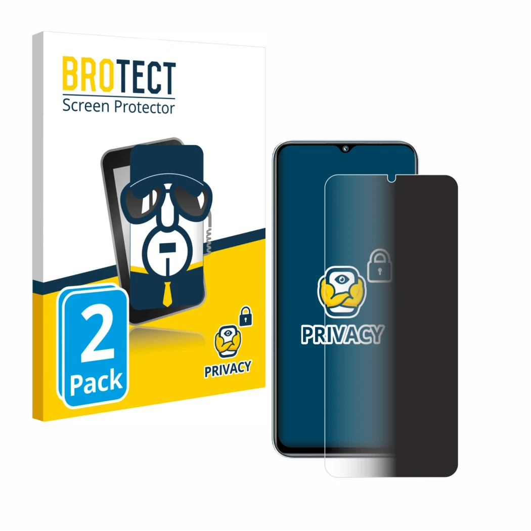 Parte frontal de un envase de producto con el logotipo de la marca BROTECT. Al lado se muestra el dispositivo Oukitel C36 (202