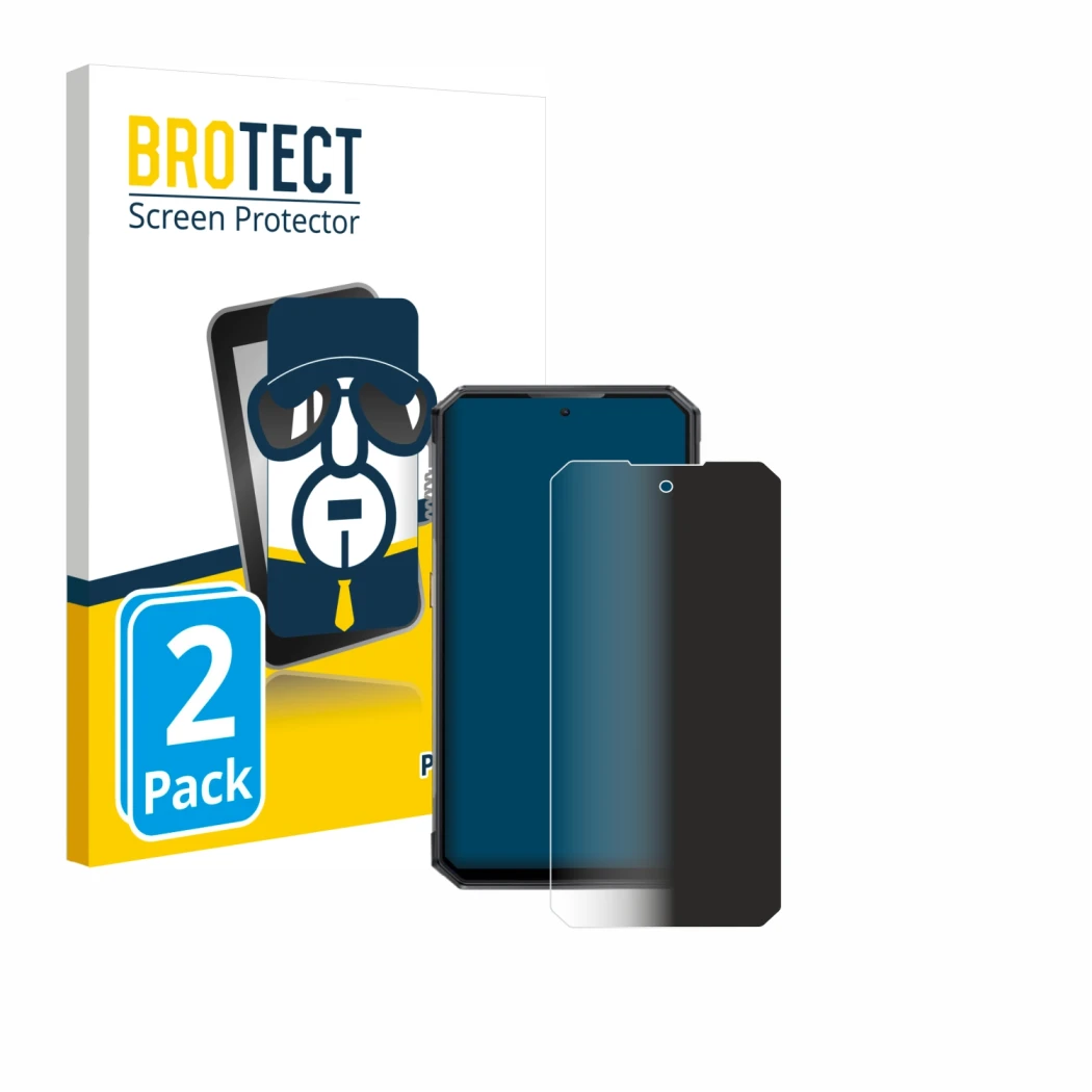 Parte frontal de un envase de producto con el logotipo de la marca BROTECT. Al lado se muestra el dispositivo Oukitel WP30 Pro