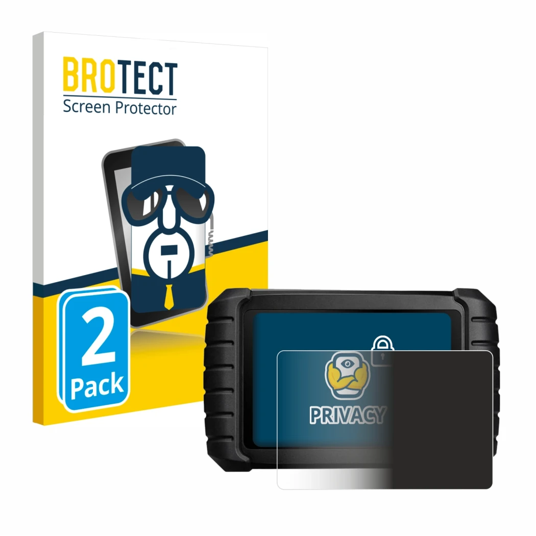 Parte frontal de un envase de producto con el logotipo de la marca BROTECT. Al lado se muestra el dispositivo iCarsoft CR Max 