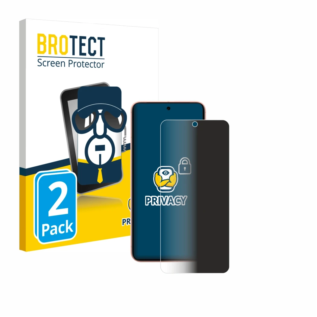 Parte frontal de un envase de producto con el logotipo de la marca BROTECT. Al lado se muestra el dispositivo Google Pixel 8 (