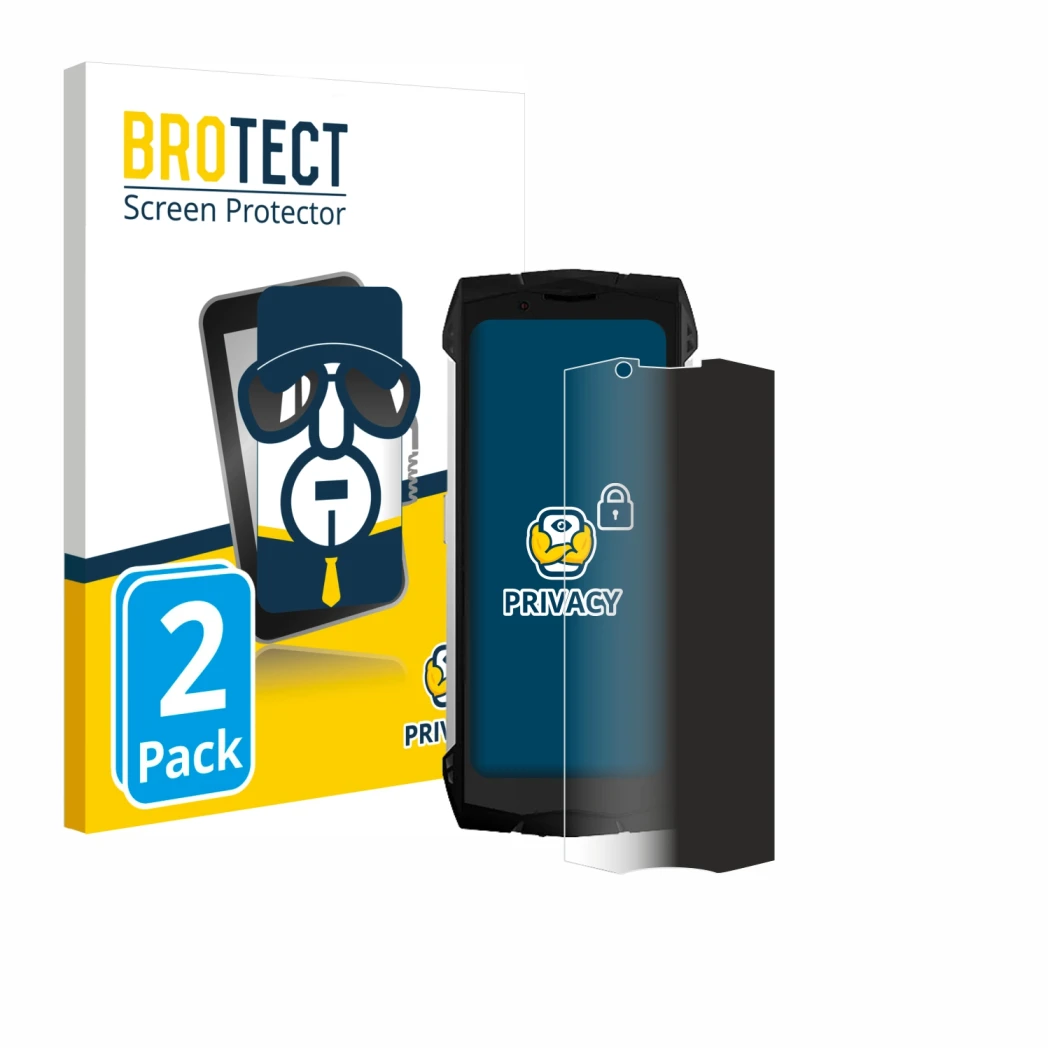 Parte frontal de un envase de producto con el logotipo de la marca BROTECT. Al lado se muestra el dispositivo Doogee S Mini co
