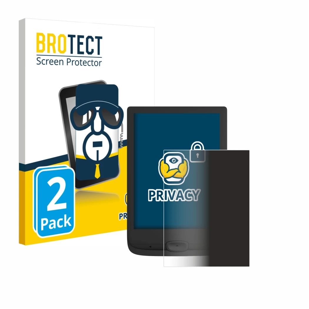 Parte frontal de un envase de producto con el logotipo de la marca BROTECT. Al lado se muestra el dispositivo PocketBook Basic