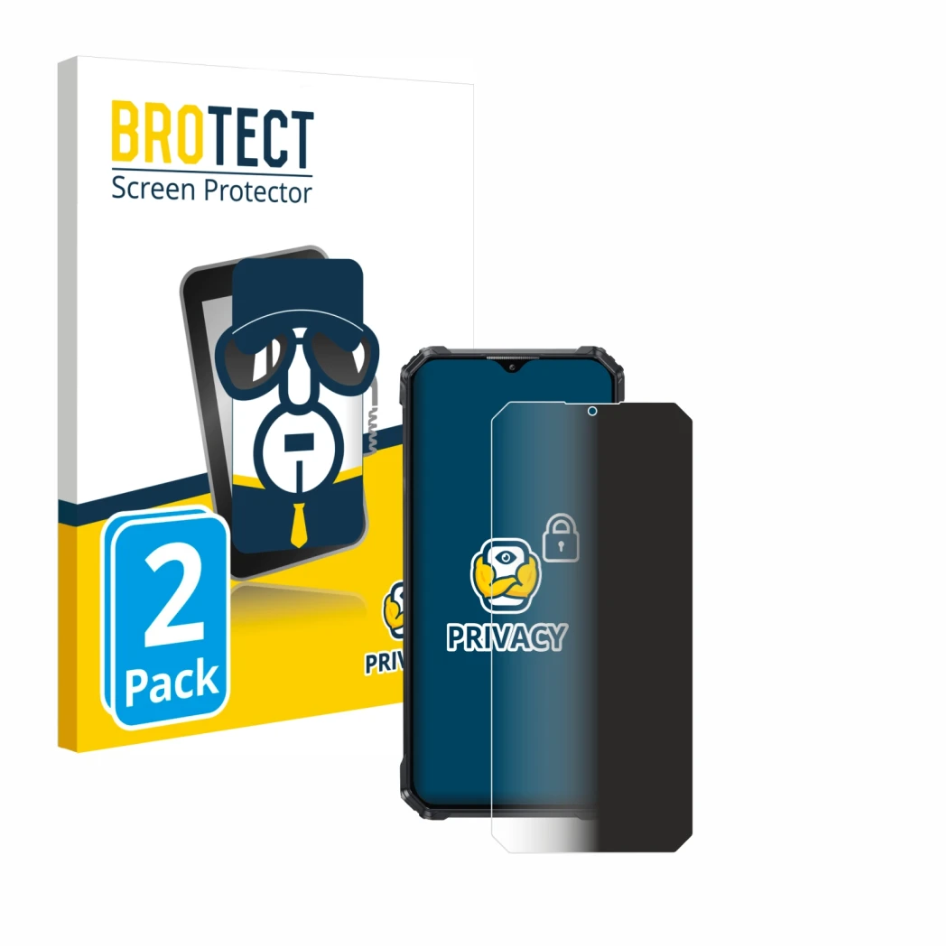 Parte frontal de un envase de producto con el logotipo de la marca BROTECT. Al lado se muestra el dispositivo Oukitel WP36 con