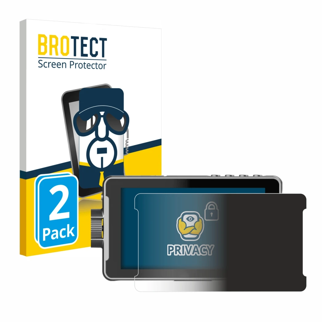 Parte frontal de un envase de producto con el logotipo de la marca BROTECT. Al lado se muestra el dispositivo Viltrox DC-550 P