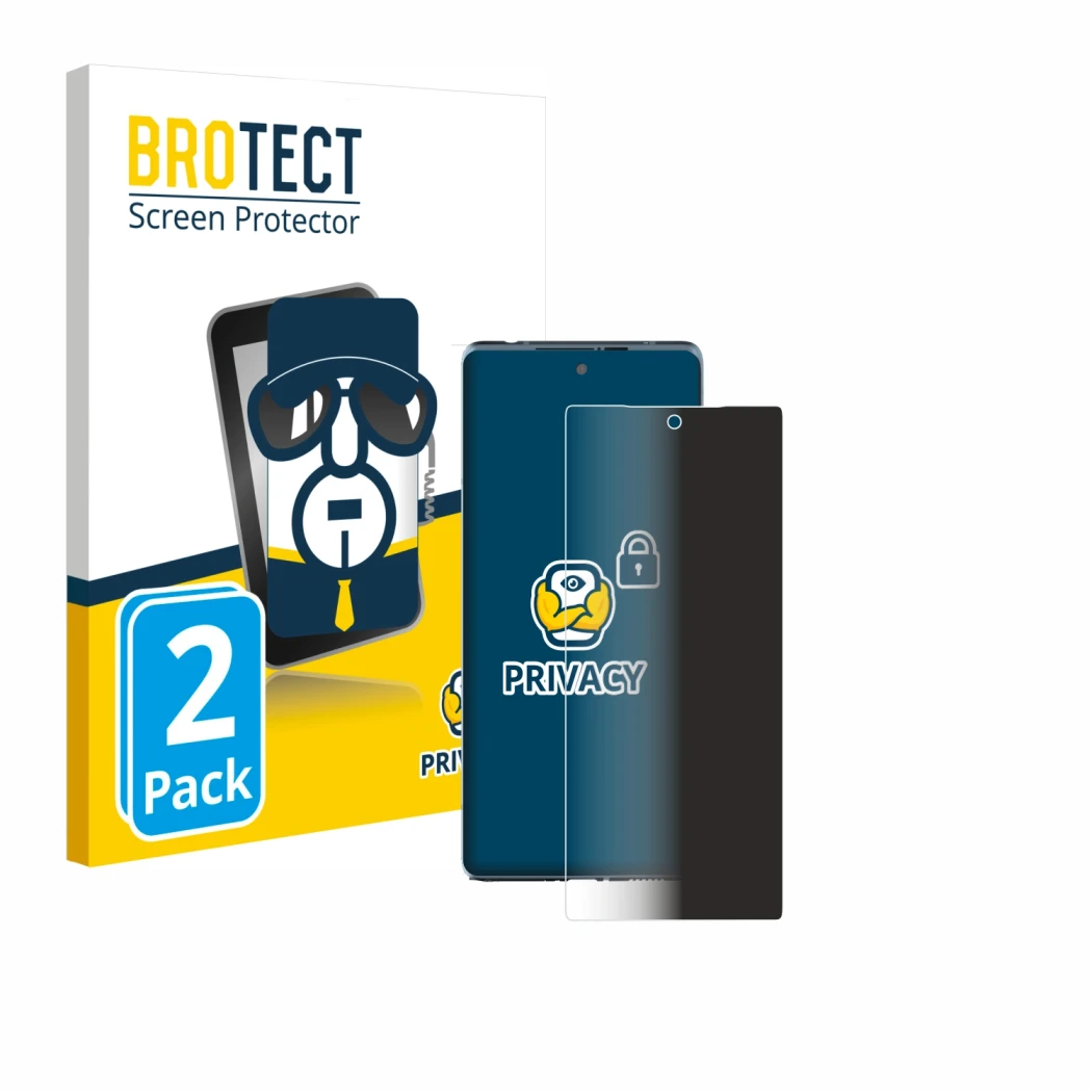Parte frontal de un envase de producto con el logotipo de la marca BROTECT. Al lado se muestra el dispositivo HTC U24 Pro con 