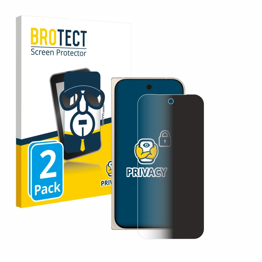 Parte frontal de un envase de producto con el logotipo de la marca BROTECT. Al lado se muestra el dispositivo Google Pixel 9 P