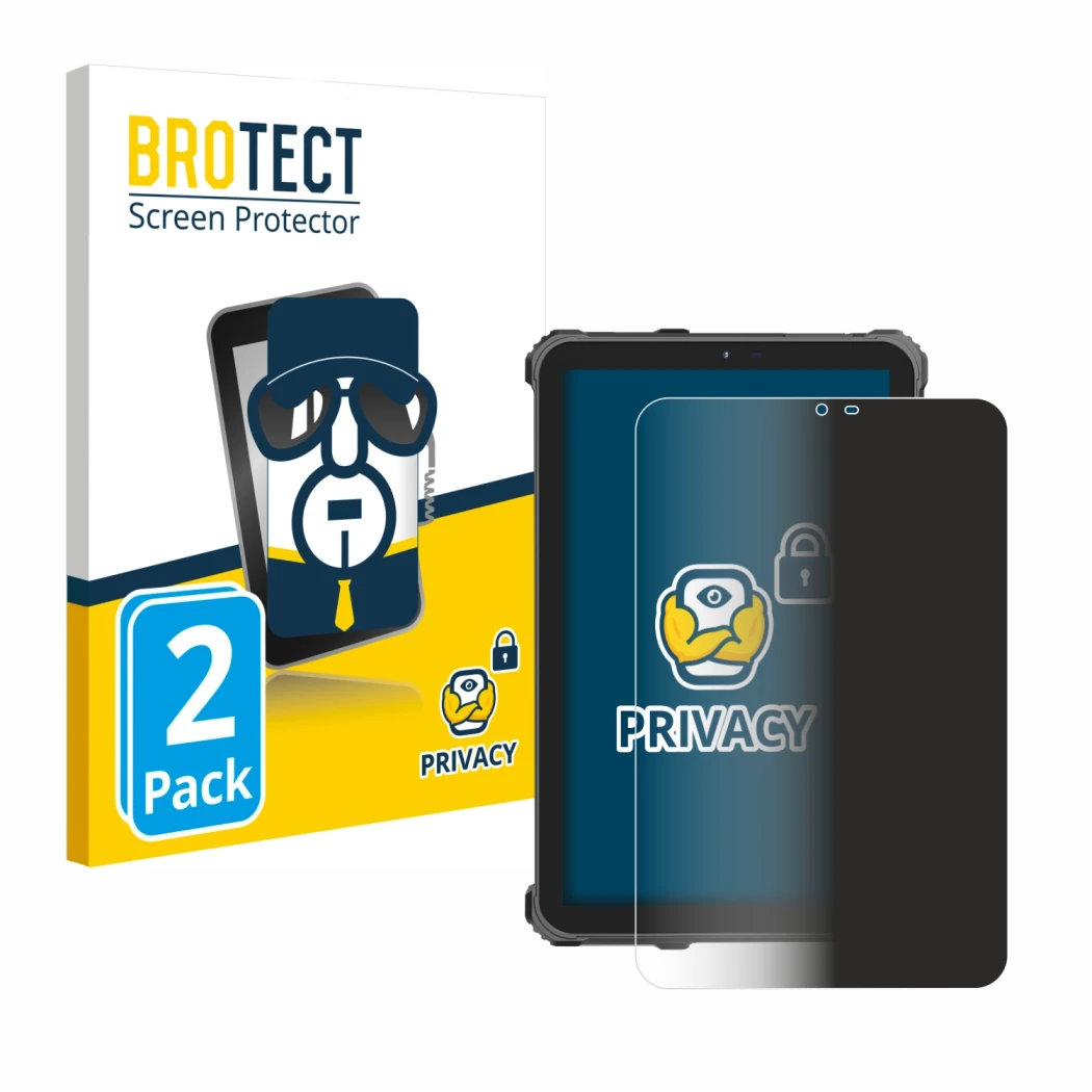 Parte frontal de un envase de producto con el logotipo de la marca BROTECT. Al lado se muestra el dispositivo Oukitel RT3 Pro 