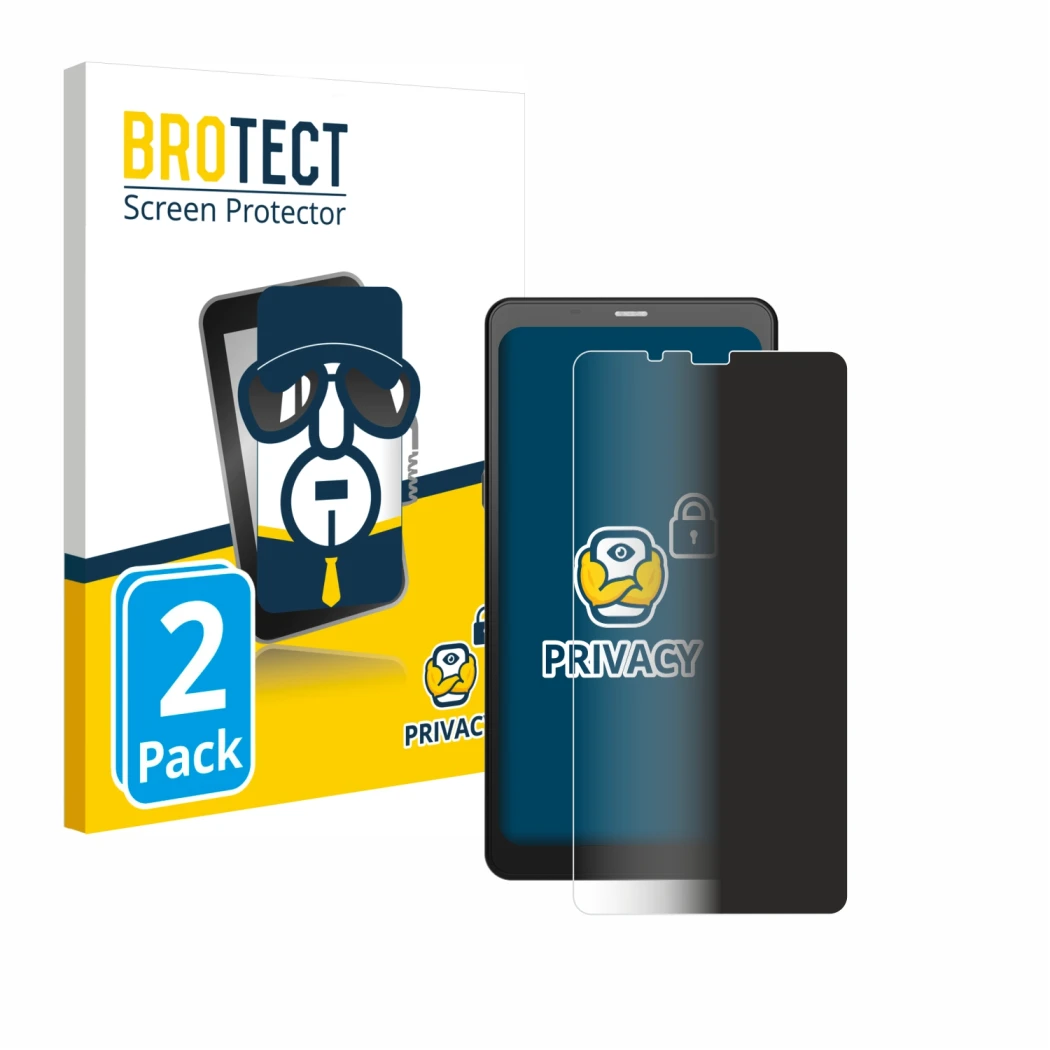 Parte frontal de un envase de producto con el logotipo de la marca BROTECT. Al lado se muestra el dispositivo Boox Palma 2 con