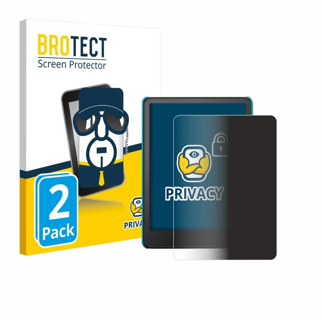 Parte frontal de un envase de producto con el logotipo de la marca BROTECT. Al lado se muestra el dispositivo Amazon Kindle Pa