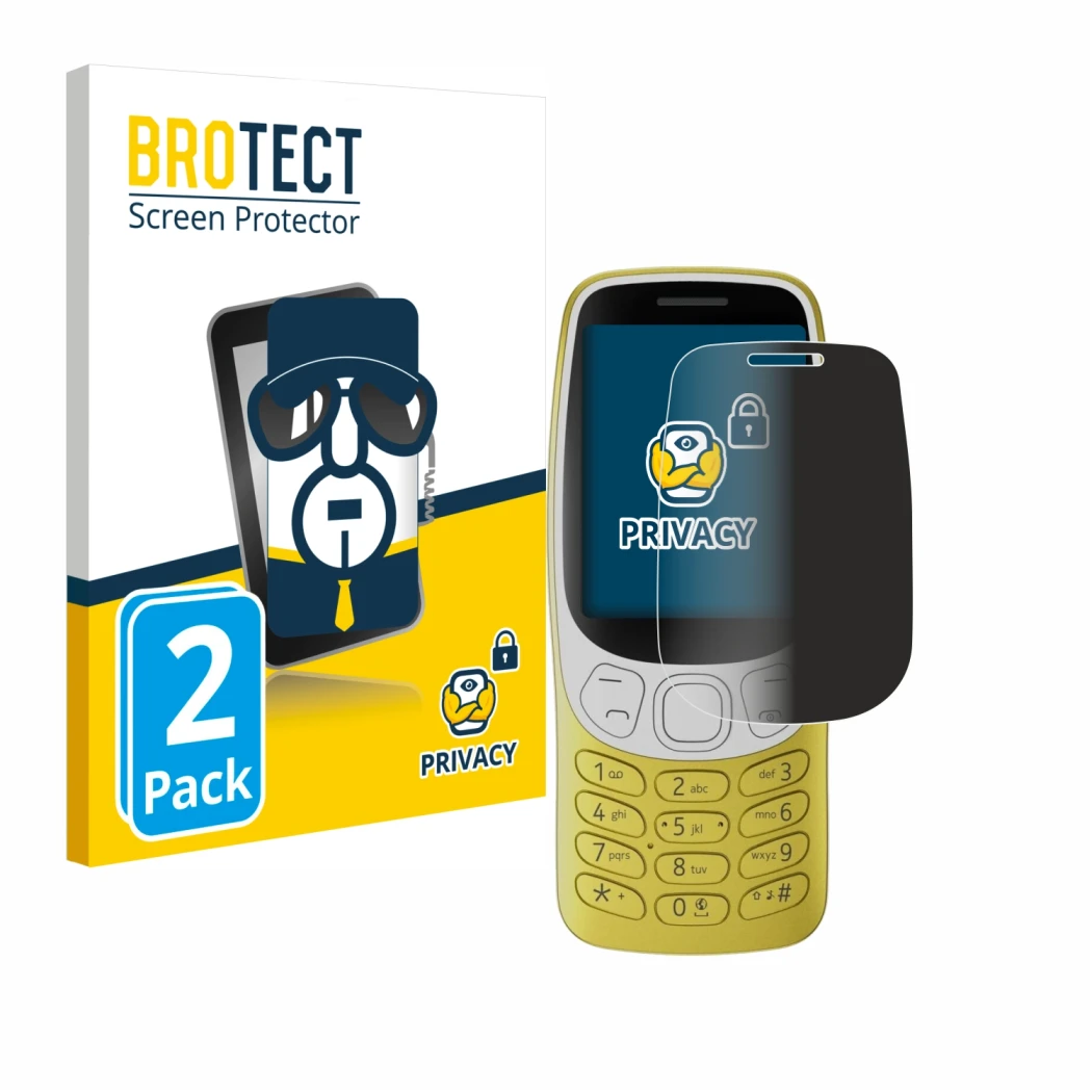 Parte frontal de un envase de producto con el logotipo de la marca BROTECT. Al lado se muestra el dispositivo Nokia 3210 con s