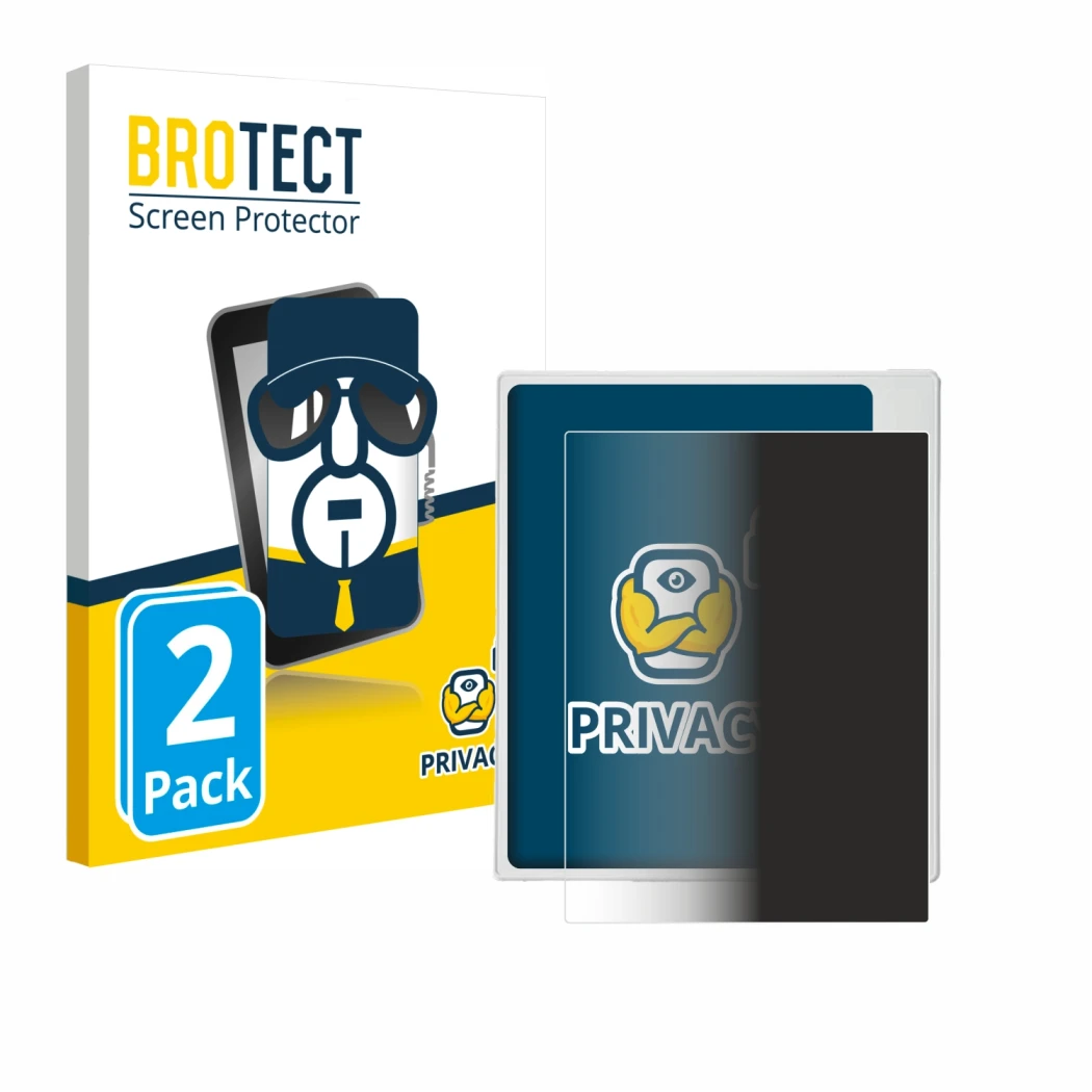 Parte frontal de un envase de producto con el logotipo de la marca BROTECT. Al lado se muestra el dispositivo Boox Go Color 7 