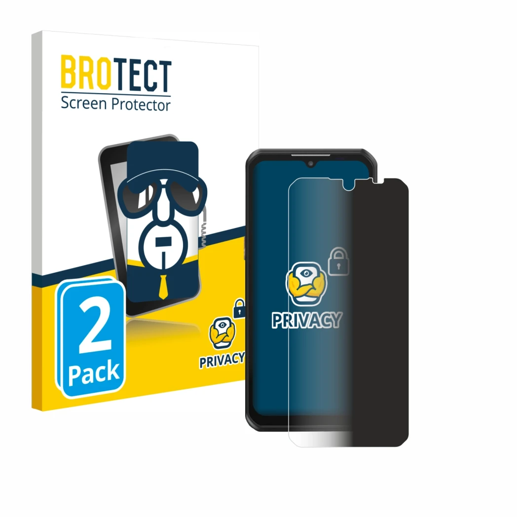 Parte frontal de un envase de producto con el logotipo de la marca BROTECT. Al lado se muestra el dispositivo Oukitel WP39 con