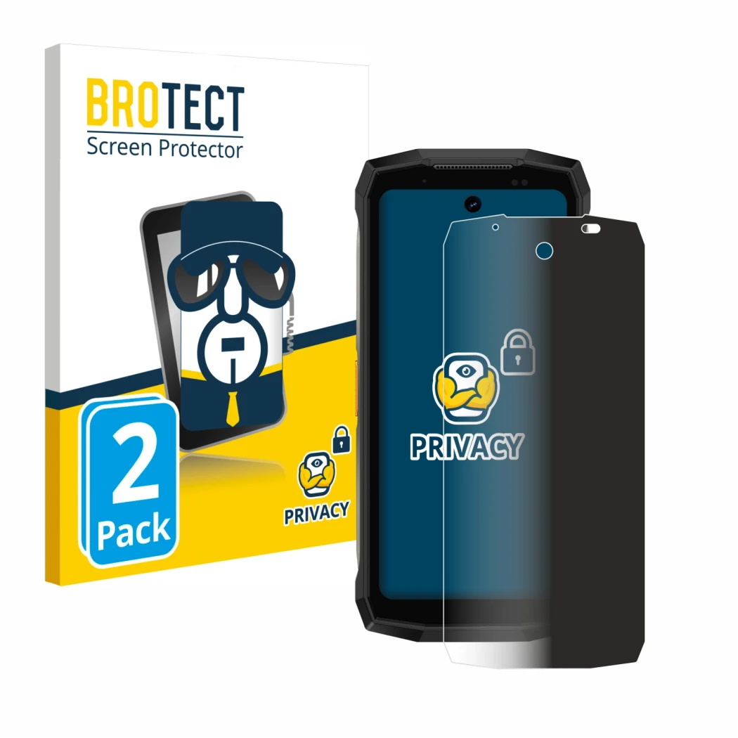Parte frontal de un envase de producto con el logotipo de la marca BROTECT. Al lado se muestra el dispositivo Ulefone Armor Mi