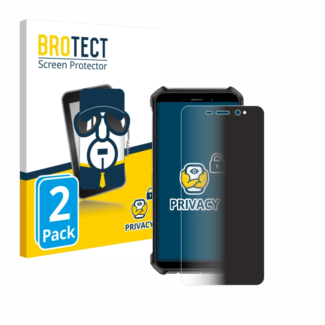 Parte frontal de un envase de producto con el logotipo de la marca BROTECT. Al lado se muestra el dispositivo Ulefone Armor X1