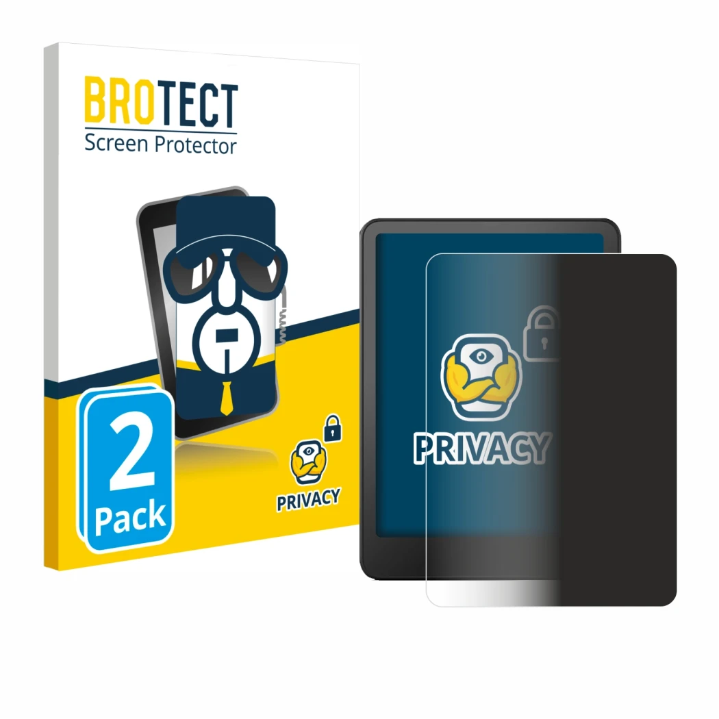 Parte frontal de un envase de producto con el logotipo de la marca BROTECT. Al lado se muestra el dispositivo Amazon Kindle Pa