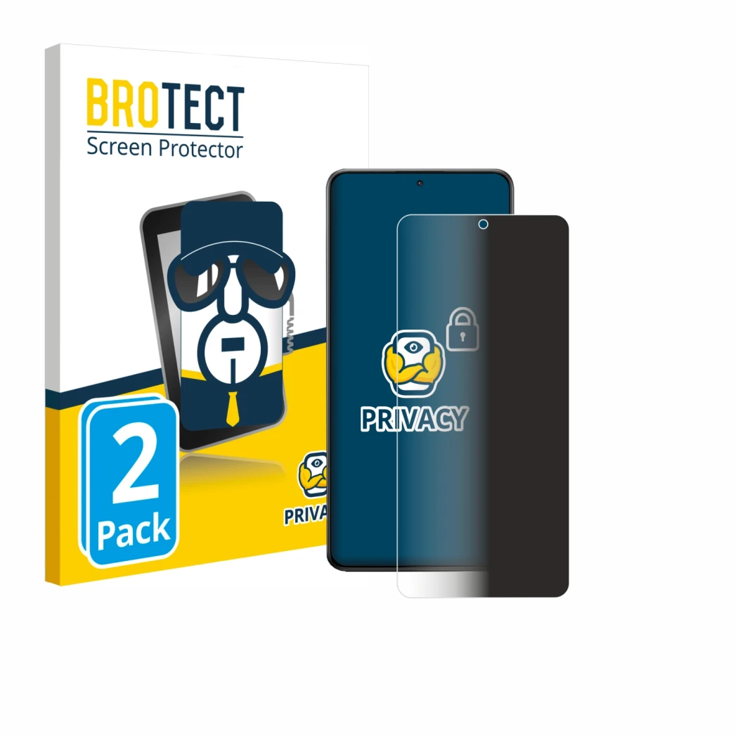 Parte frontal de un envase de producto con el logotipo de la marca BROTECT. Al lado se muestra el dispositivo Xiaomi Poco X7 P