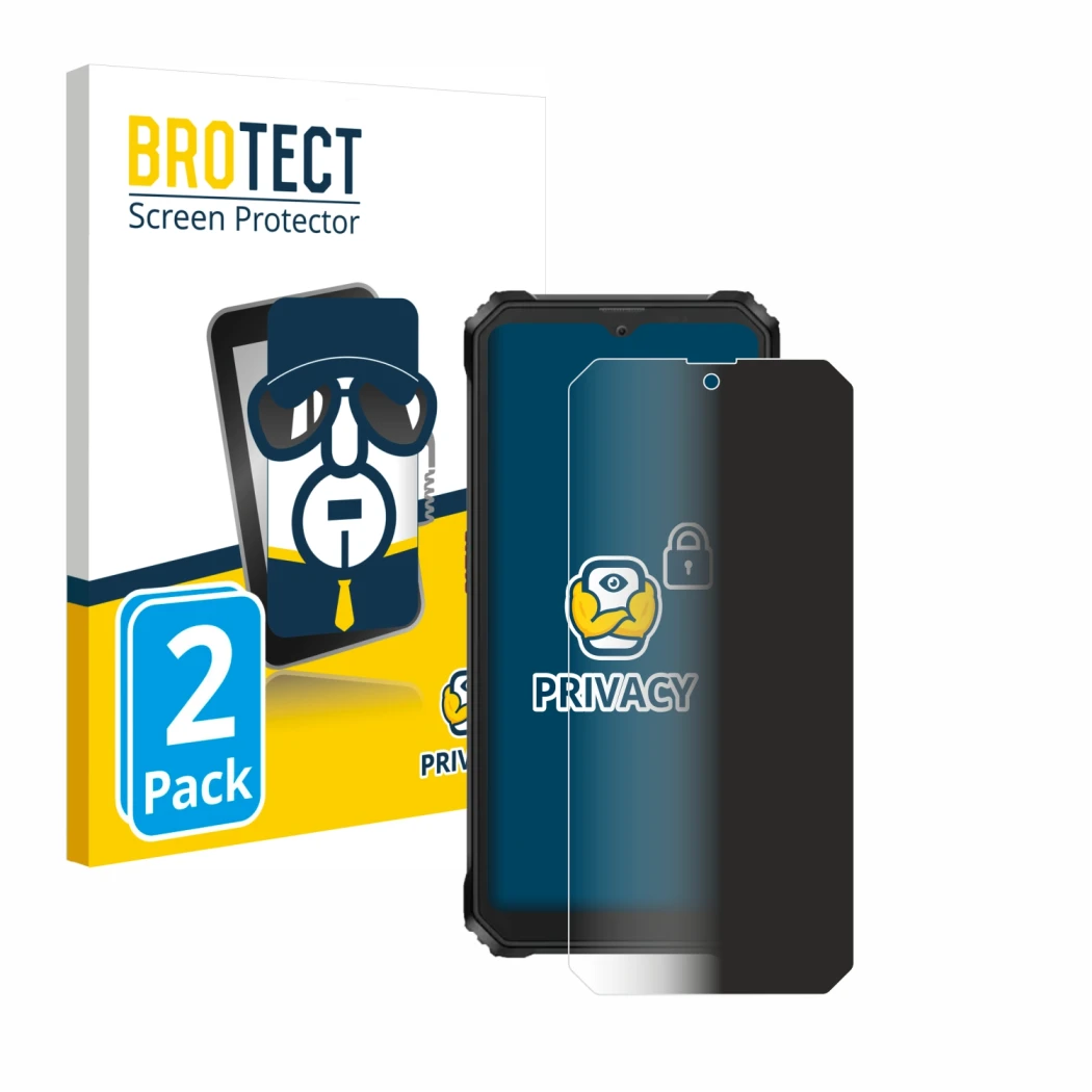 Parte frontal de un envase de producto con el logotipo de la marca BROTECT. Al lado se muestra el dispositivo Blackview BV6200