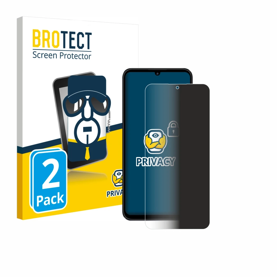 Parte frontal de un envase de producto con el logotipo de la marca BROTECT. Al lado se muestra el dispositivo ZTE Blade A55 co