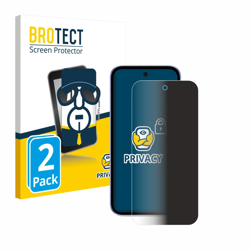 Parte frontal de un envase de producto con el logotipo de la marca BROTECT. Al lado se muestra el dispositivo Google Pixel 9a 