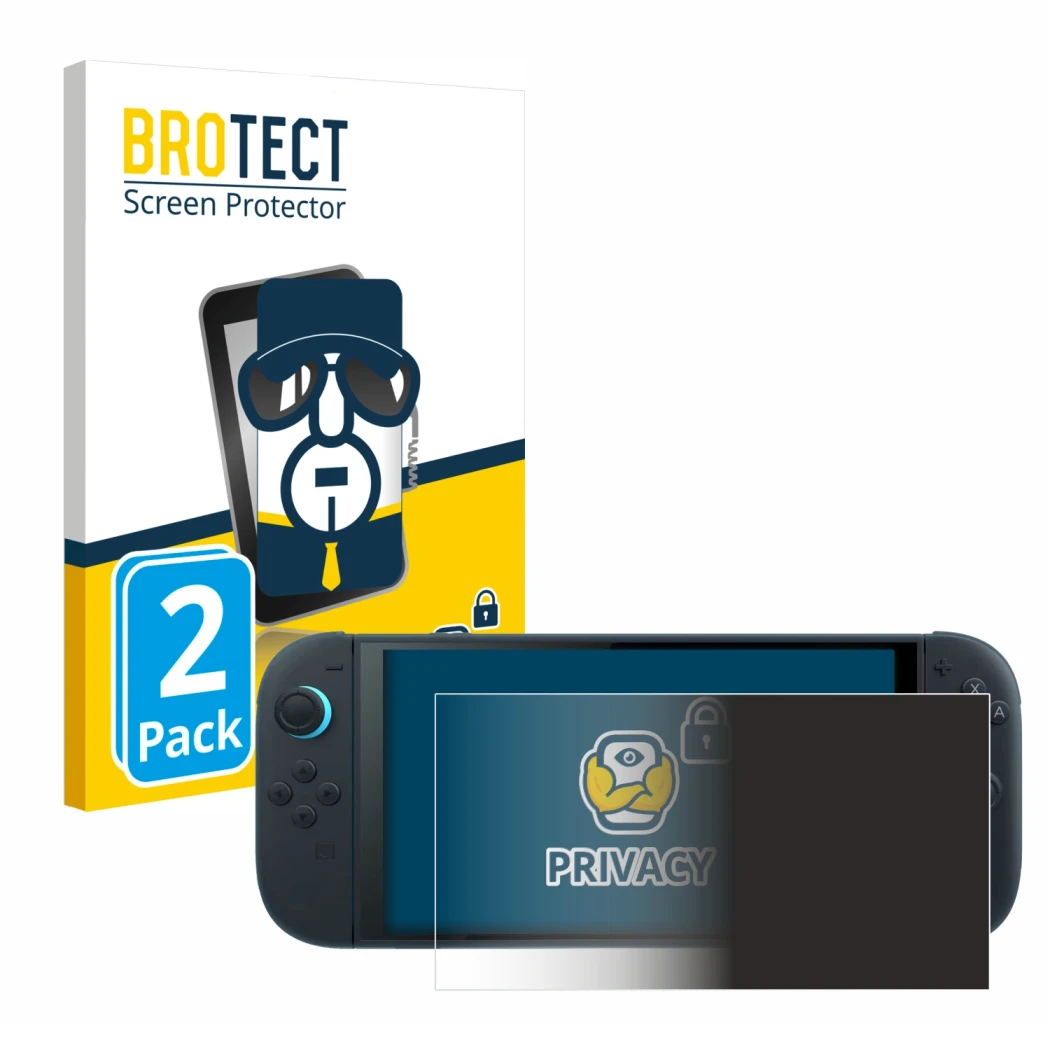 Parte frontal de un envase de producto con el logotipo de la marca BROTECT. Al lado se muestra el dispositivo Nintendo Switch 