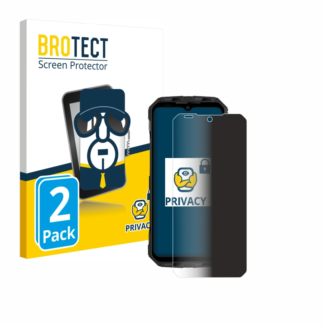 Parte frontal de un envase de producto con el logotipo de la marca BROTECT. Al lado se muestra el dispositivo Doogee V Max S c
