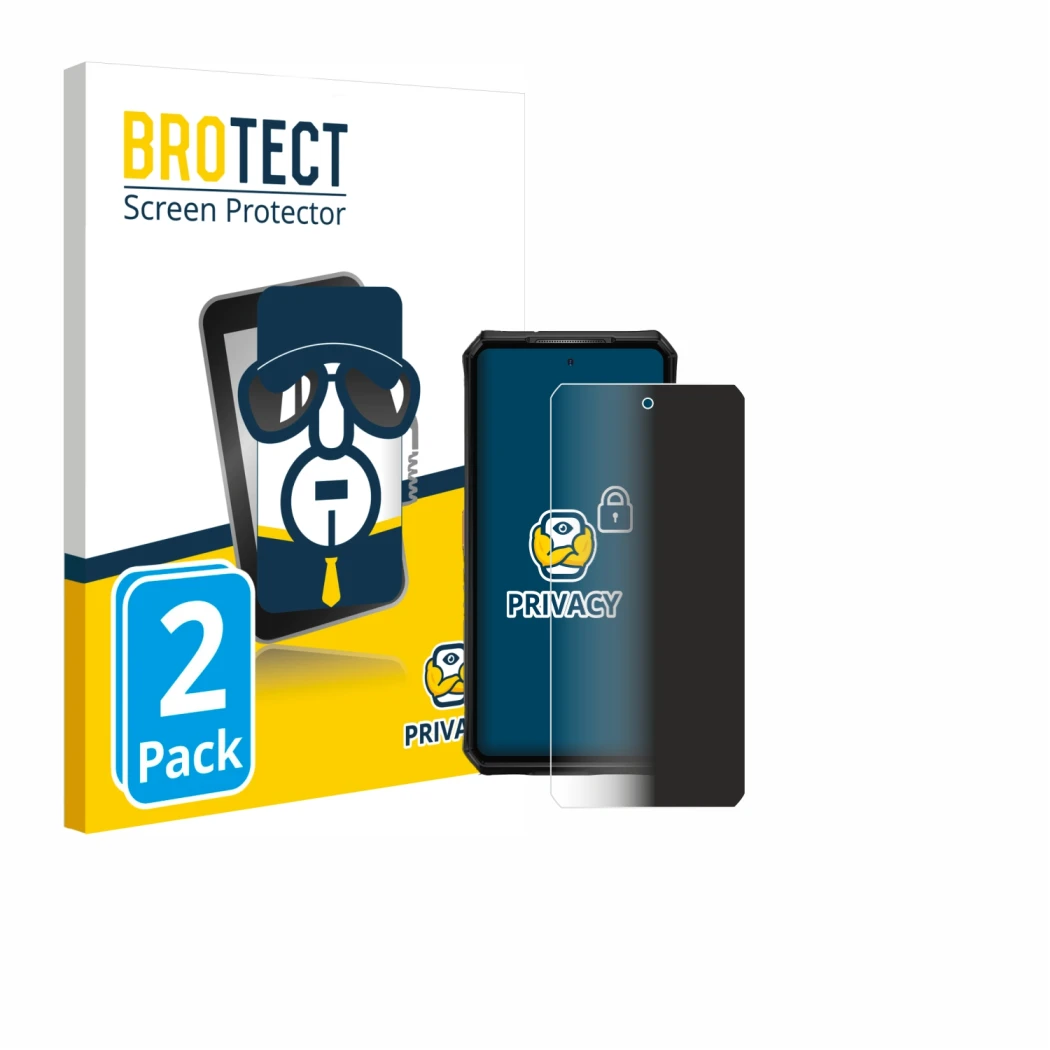 Parte frontal de un envase de producto con el logotipo de la marca BROTECT. Al lado se muestra el dispositivo Ulefone Armor 28