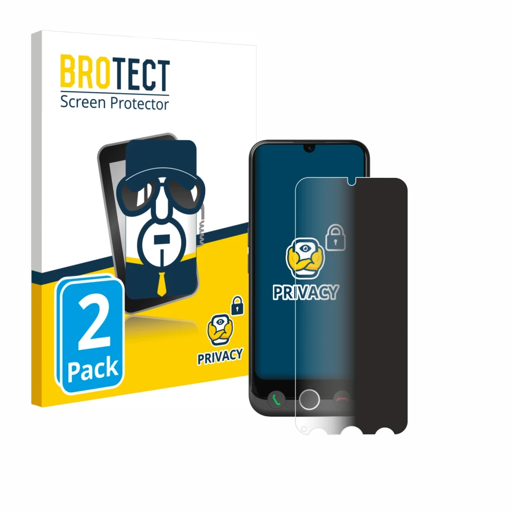 Parte frontal de un envase de producto con el logotipo de la marca BROTECT. Al lado se muestra el dispositivo Doro Aurora A30 