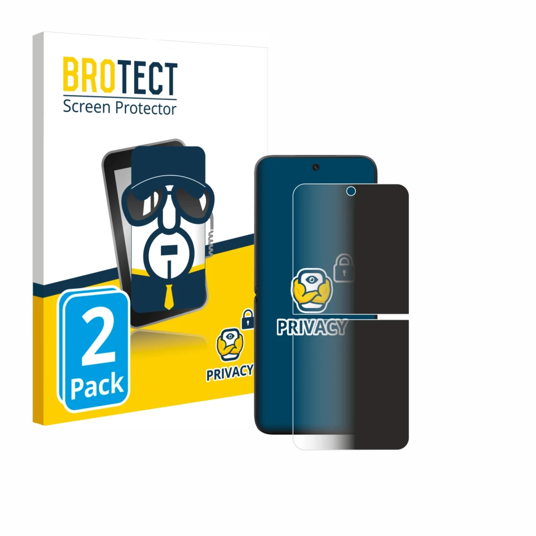 Parte frontal de un envase de producto con el logotipo de la marca BROTECT. Al lado se muestra el dispositivo Xiaomi MIX Flip 