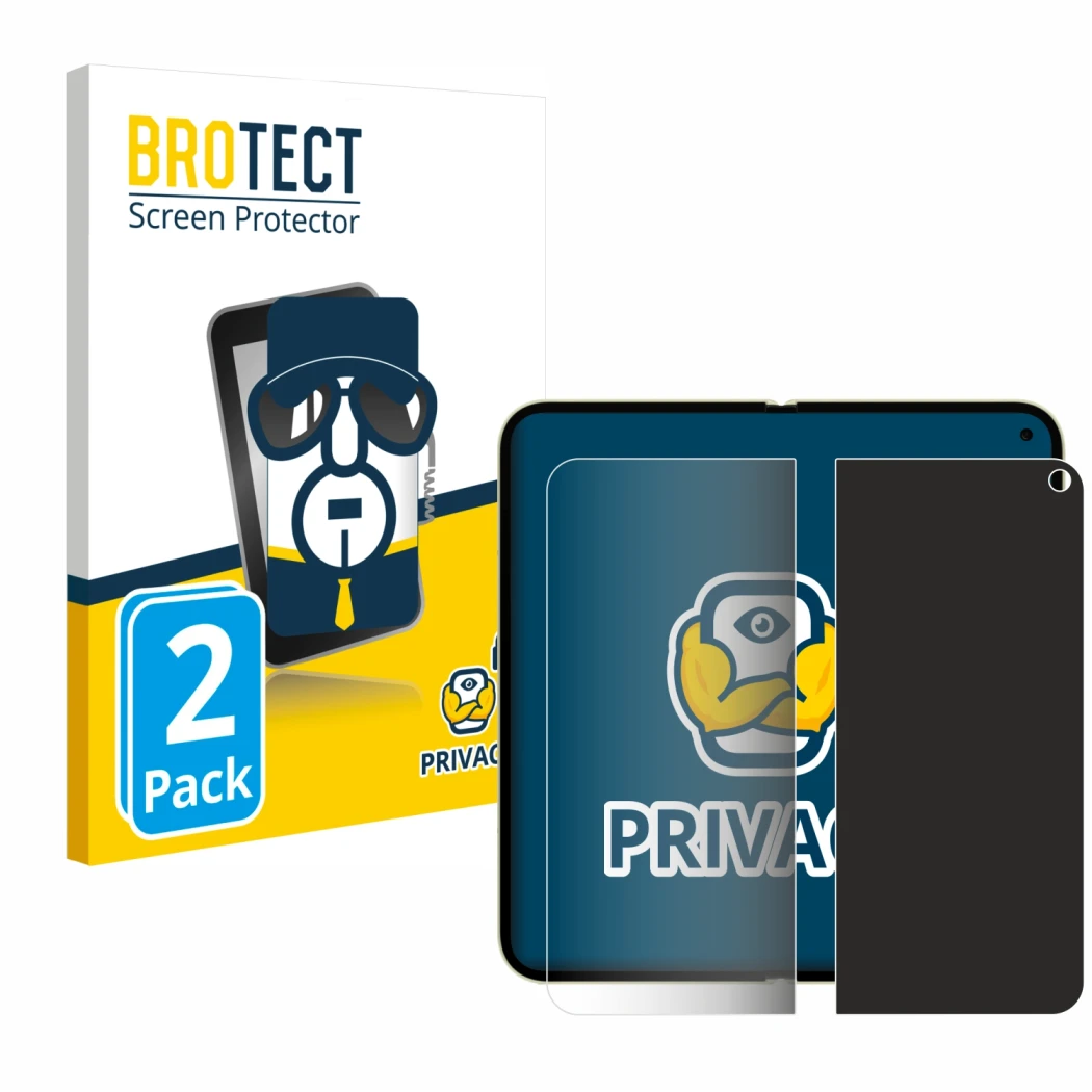 Parte frontal de un envase de producto con el logotipo de la marca BROTECT. Al lado se muestra el dispositivo Google Pixel 10 