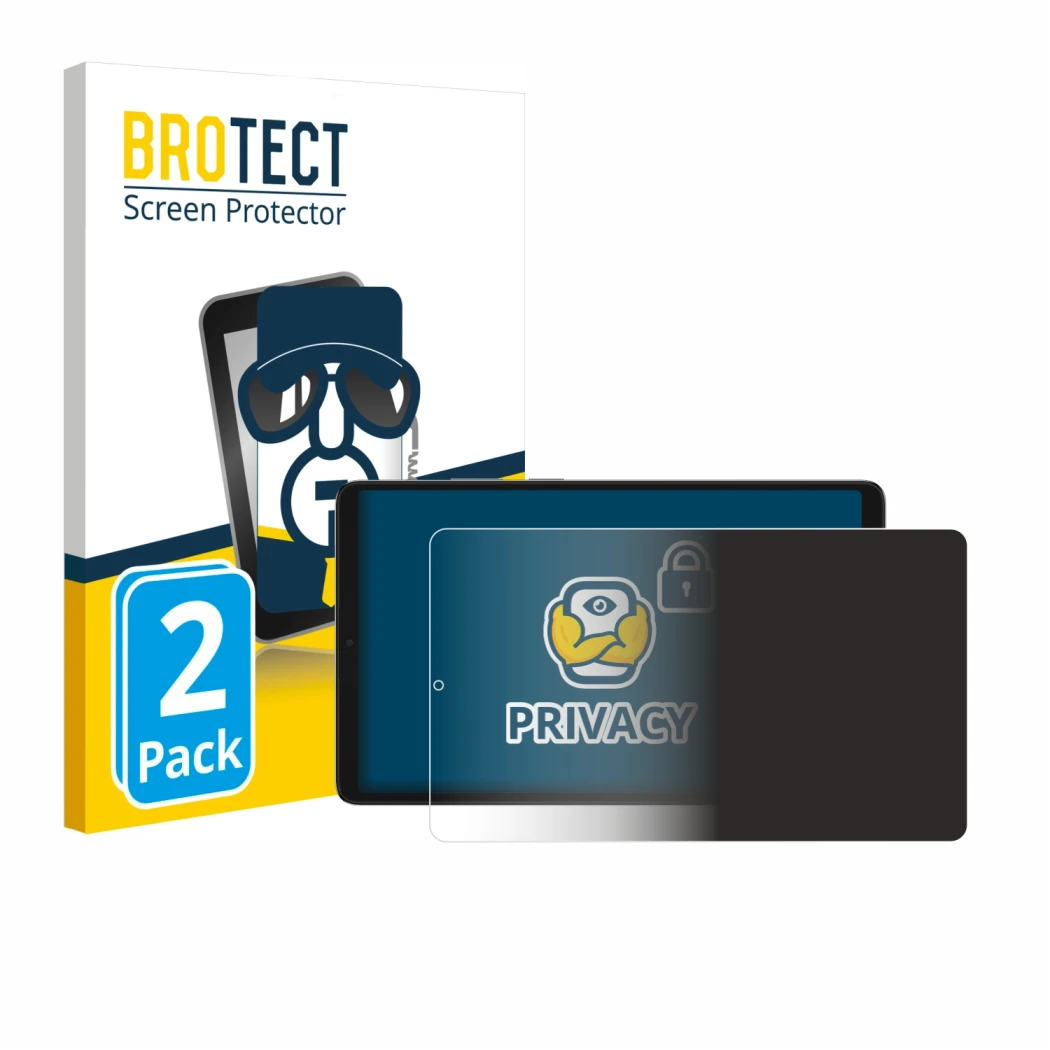 Parte frontal de un envase de producto con el logotipo de la marca BROTECT. Al lado se muestra el dispositivo Samsung Galaxy T