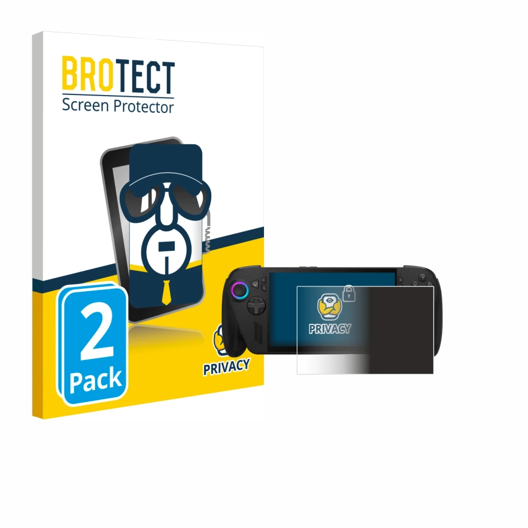 Parte frontal de un envase de producto con el logotipo de la marca BROTECT. Al lado se muestra el dispositivo ASUS ROG Ally X 