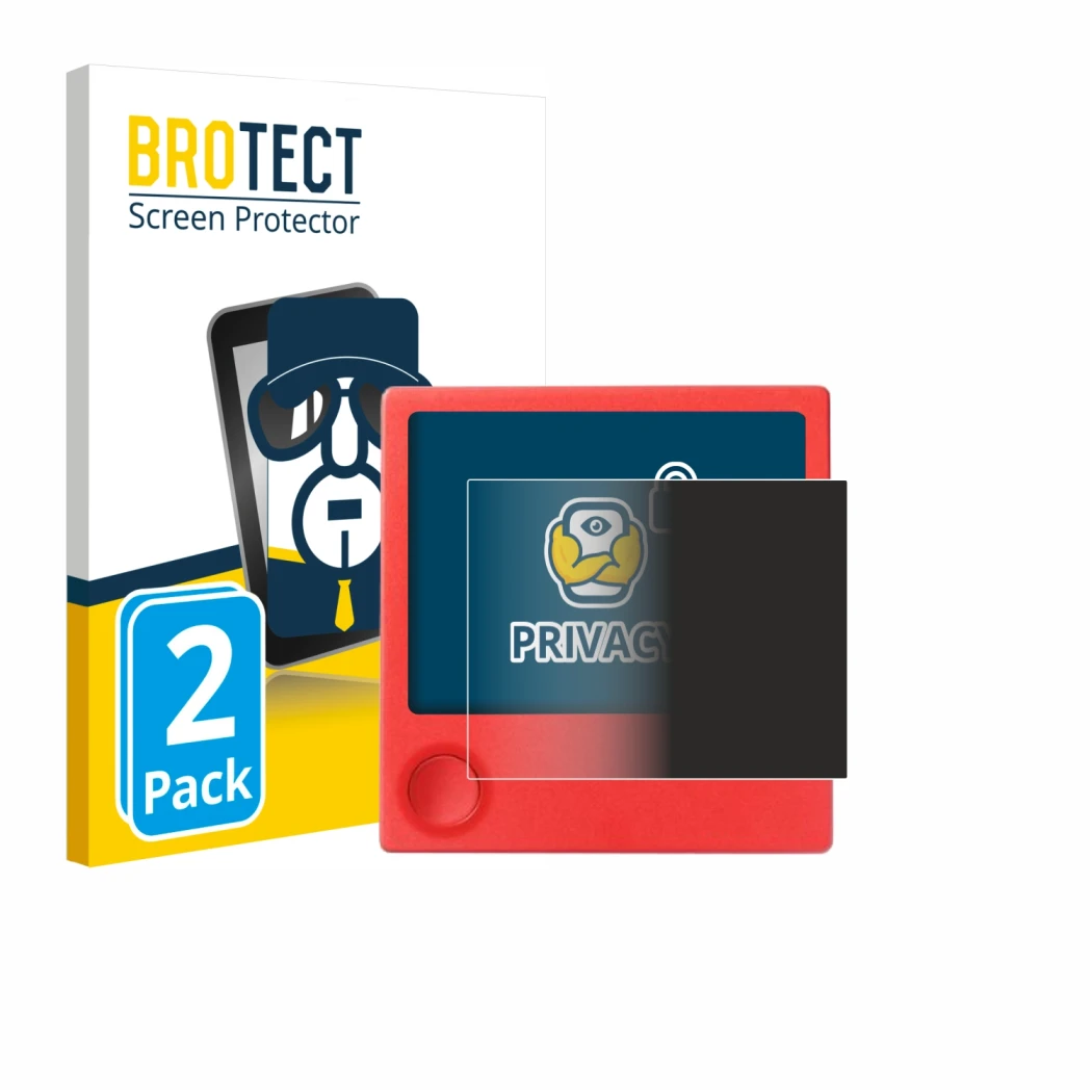 Parte frontal de un envase de producto con el logotipo de la marca BROTECT. Al lado se muestra el dispositivo PicPak E-Ink Dis