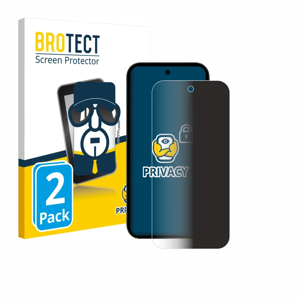 Parte frontal de un envase de producto con el logotipo de la marca BROTECT. Al lado se muestra el dispositivo Google Pixel 10a