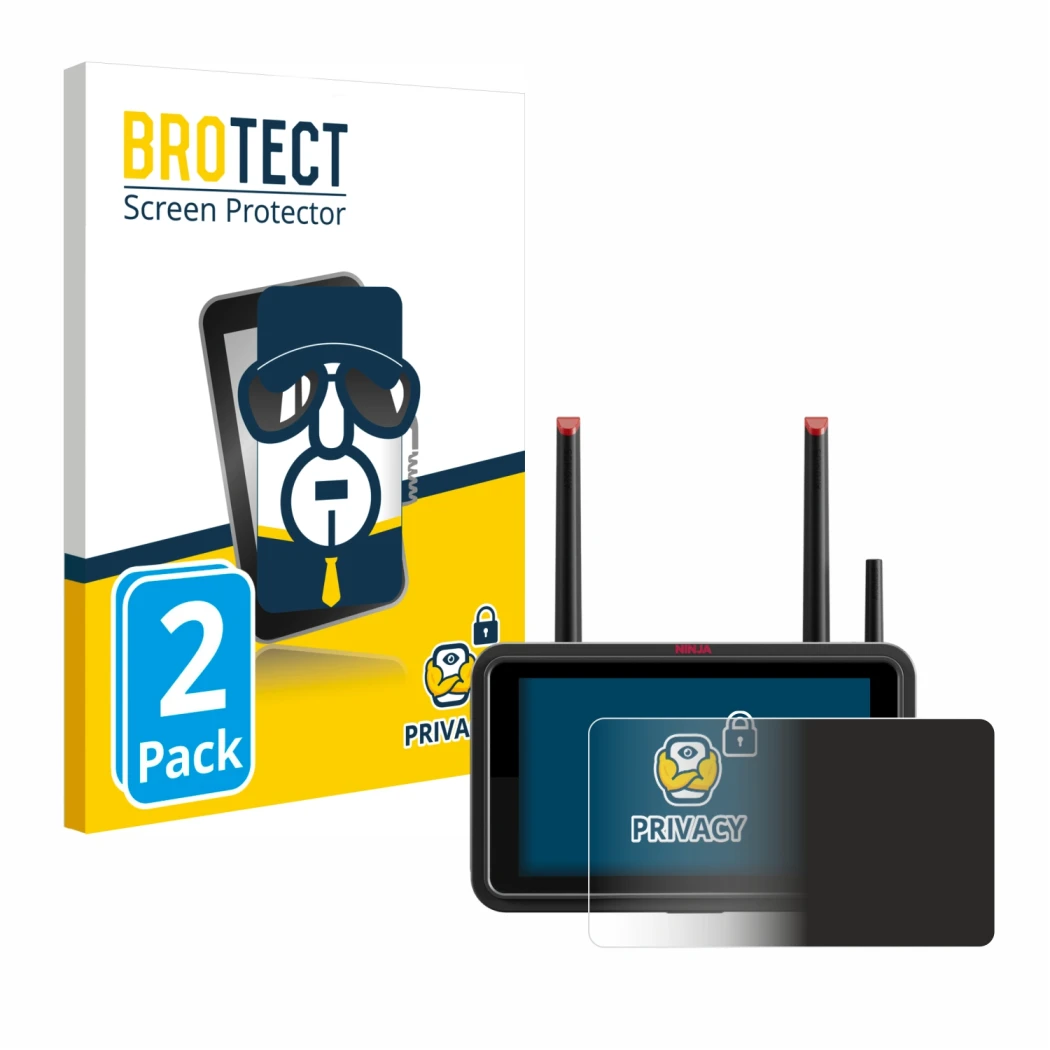Parte frontal de un envase de producto con el logotipo de la marca BROTECT. Al lado se muestra el dispositivo Atomos Ninja TX 