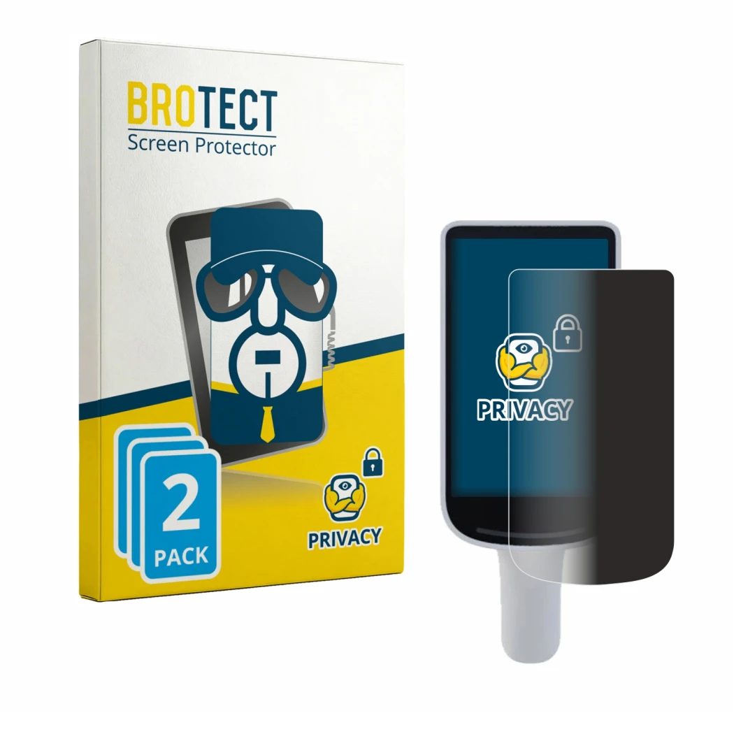 Parte frontal de un envase de producto con el logotipo de la marca BROTECT. Al lado se muestra el dispositivo Datalogic Joya S