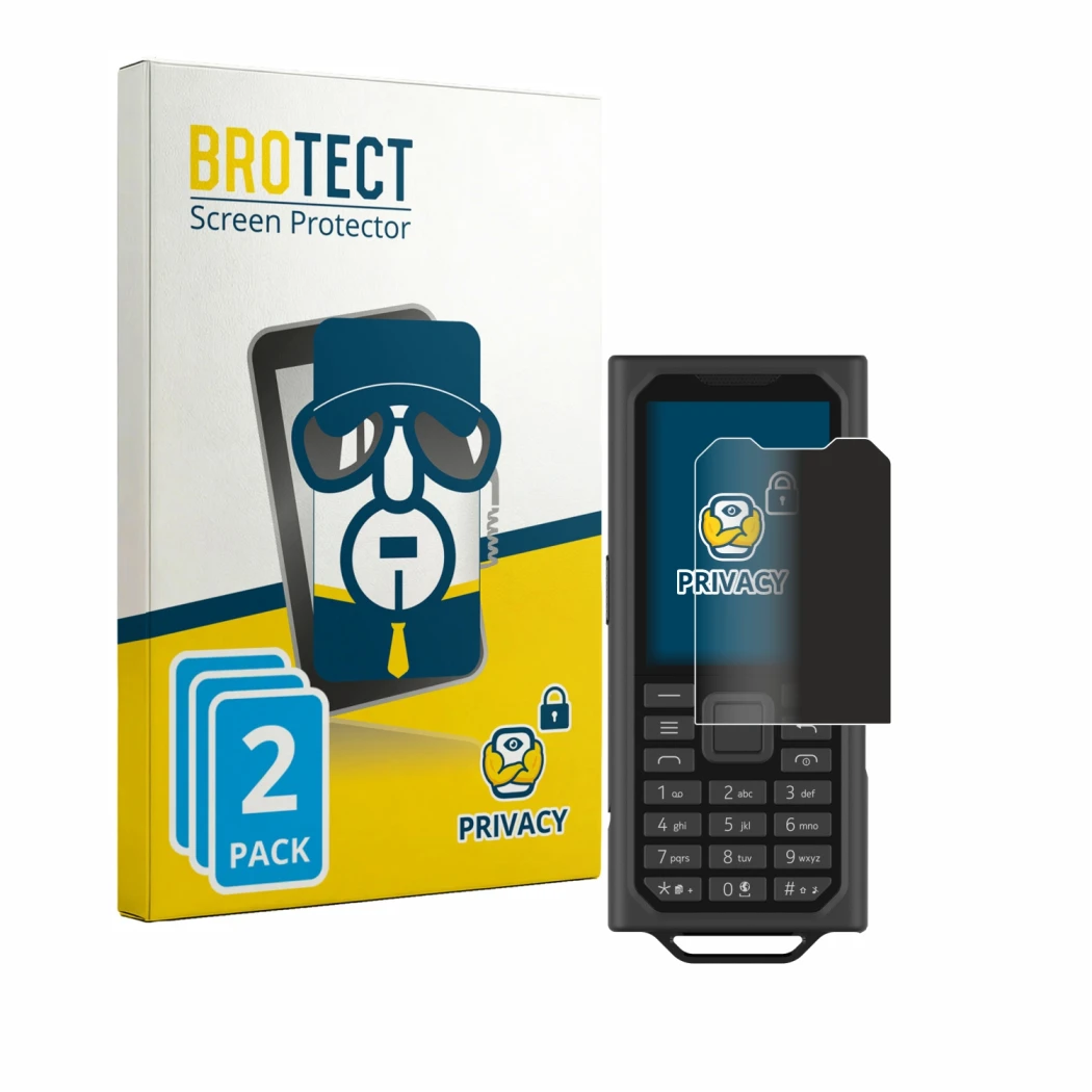 Parte frontal de un envase de producto con el logotipo de la marca BROTECT. Al lado se muestra el dispositivo HMD Terra M con 