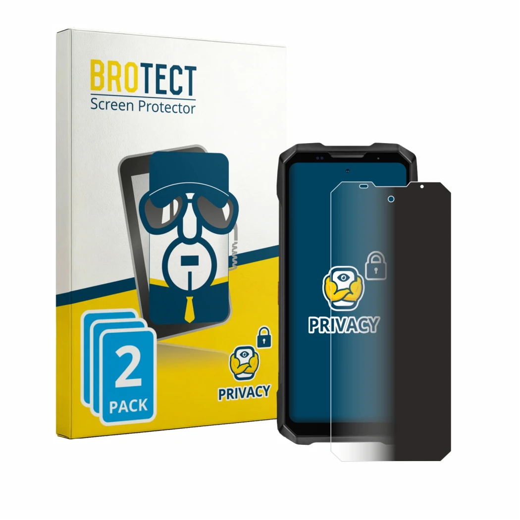 Parte frontal de un envase de producto con el logotipo de la marca BROTECT. Al lado se muestra el dispositivo Doogee V Max 2 P