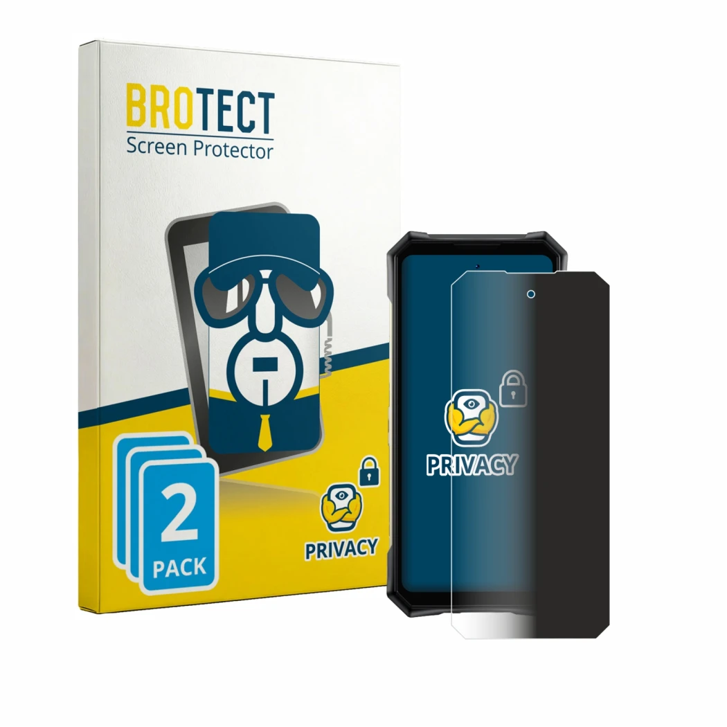 Parte frontal de un envase de producto con el logotipo de la marca BROTECT. Al lado se muestra el dispositivo Doogee S300 Pro 