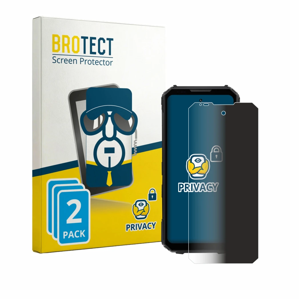 Parte frontal de un envase de producto con el logotipo de la marca BROTECT. Al lado se muestra el dispositivo Doogee V Max LR 