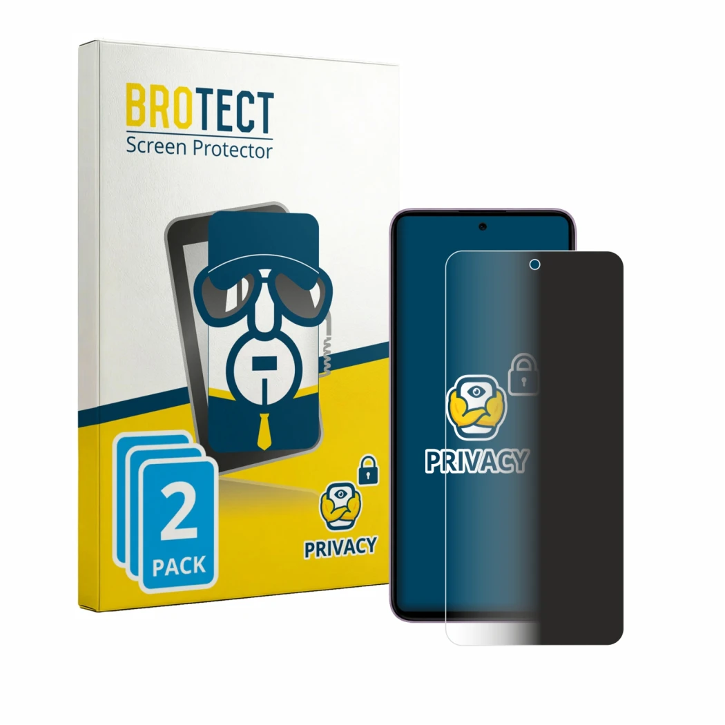 Parte frontal de un envase de producto con el logotipo de la marca BROTECT. Al lado se muestra el dispositivo HMD Crest 2 con 