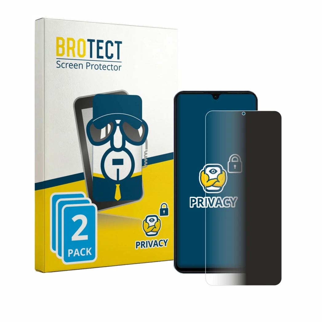 Parte frontal de un envase de producto con el logotipo de la marca BROTECT. Al lado se muestra el dispositivo Blackview Wave 1