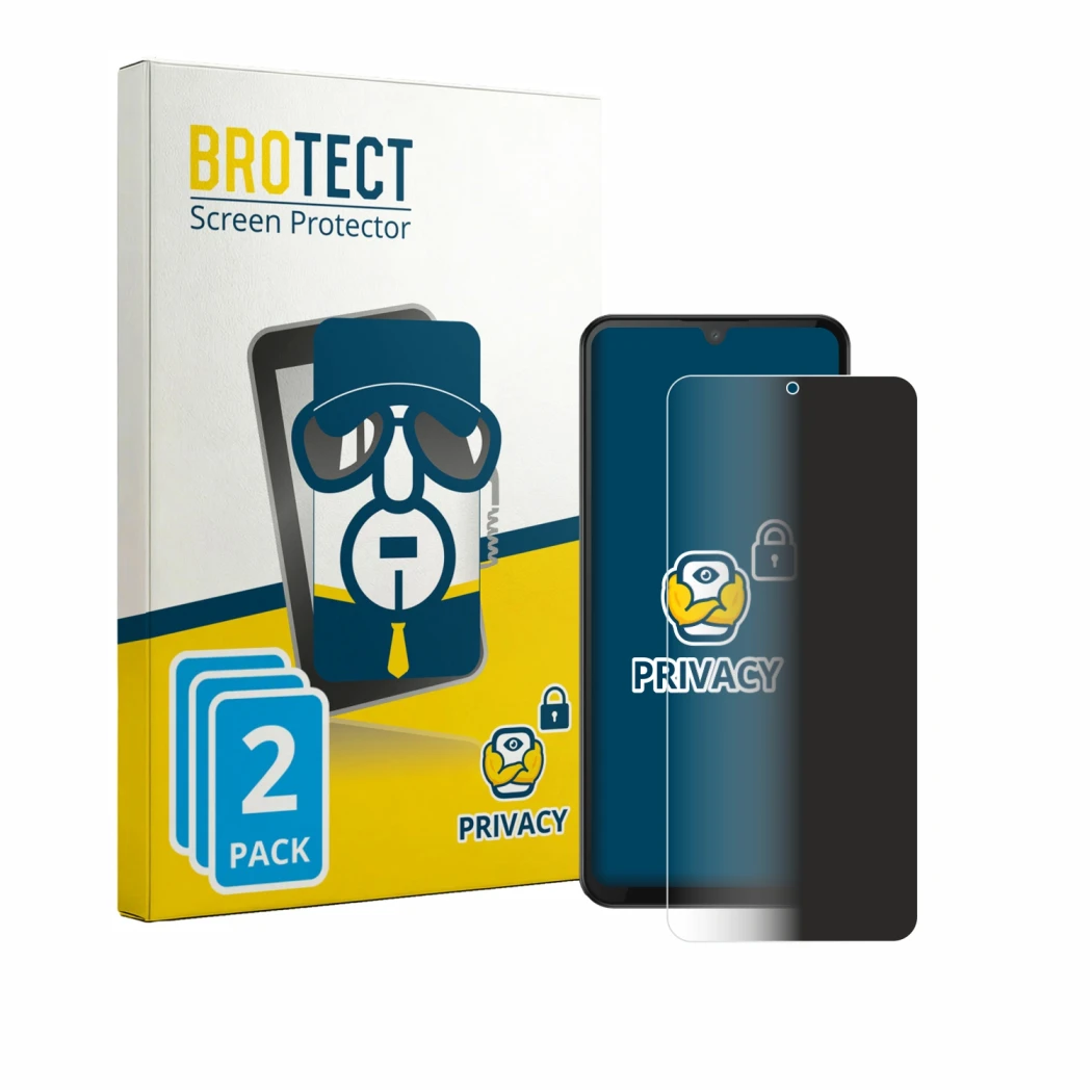 Parte frontal de un envase de producto con el logotipo de la marca BROTECT. Al lado se muestra el dispositivo Doogee M30 con s
