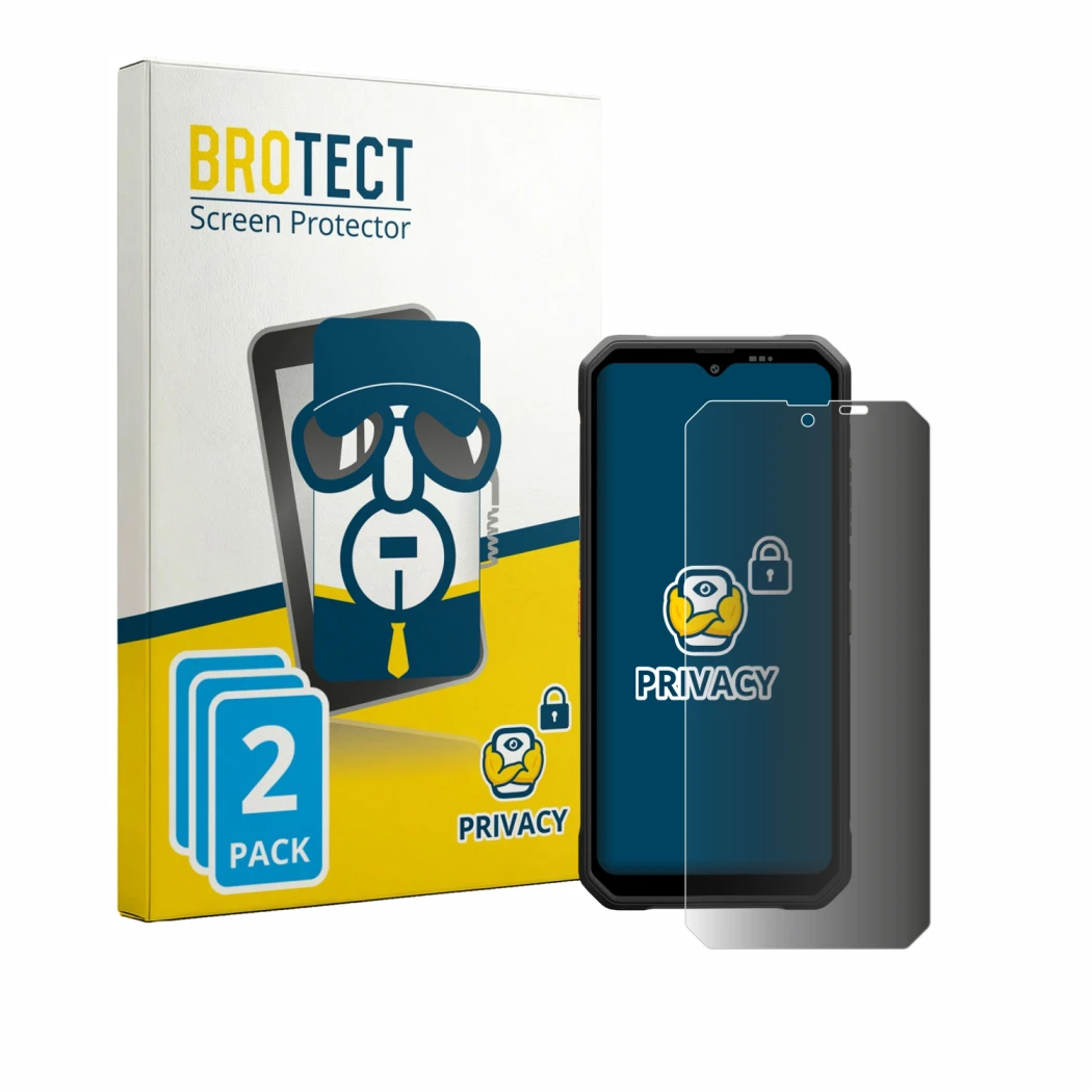 Parte frontal de un envase de producto con el logotipo de la marca BROTECT. Al lado se muestra el dispositivo Blackview Fort 2