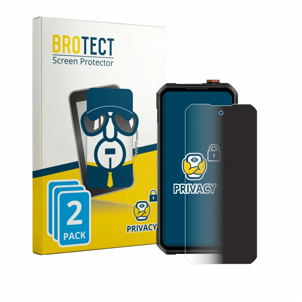Parte frontal de un envase de producto con el logotipo de la marca BROTECT. Al lado se muestra el dispositivo Oukitel WP61 Plu